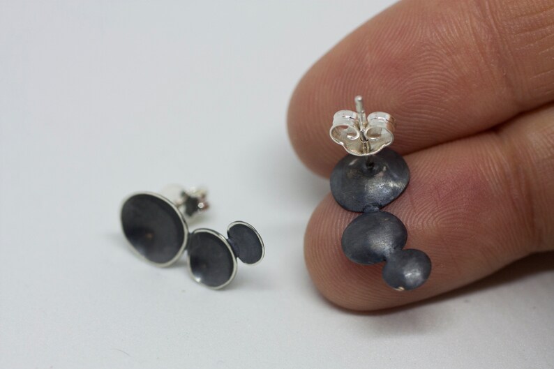 Silver earrings. Button earrings. Oxidized little silver earrings polished edge. Black silver. Little earrings image 8