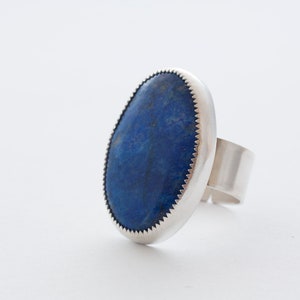 Big silver ring with lapis lazuli. Open ring with deep blue stone. One of a kind ring made with silver and blue stone, jagged detail. image 1