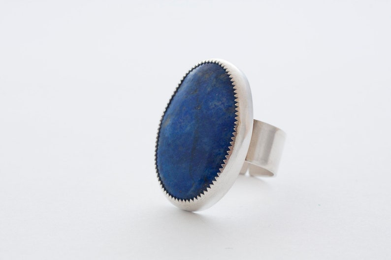 Big silver ring with lapis lazuli. Open ring with deep blue stone. One of a kind ring made with silver and blue stone, jagged detail. image 1