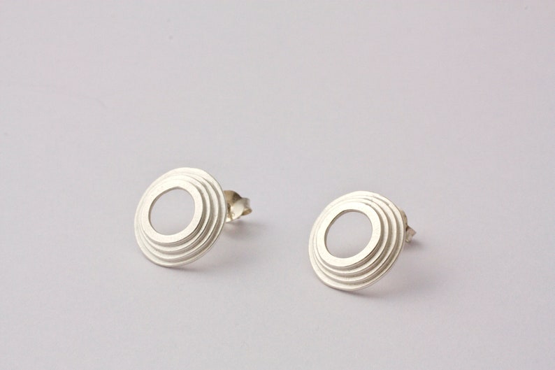 Little circles earrings. Silver handmade earrings. Botton earrings. Organic. Concentric circles. Little. Lobe earrings image 1