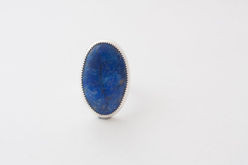 Big silver ring with lapis lazuli. Open ring with deep blue stone. One of a kind ring made with silver and blue stone, jagged detail. image 2