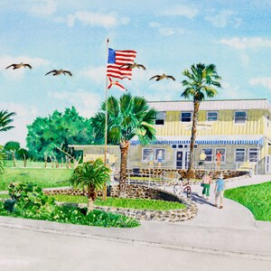 May include: A watercolor painting of a yellow building with a blue awning and a white picket fence. The building has a sign that reads "The Old Storehouse". There are palm trees and a flagpole with an American flag in the front yard. There are three people walking on a path in front of the building.