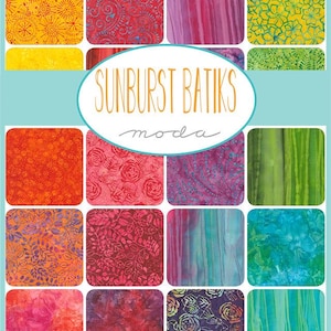 May include: A collection of Sunburst Batik fabric swatches in various colors and patterns. The swatches include floral, paisley, and abstract designs in shades of red, orange, yellow, purple, and green. The text "SUNBURST BATIK moda" is in the center.
