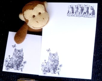 Set di cancelleria vintage per gatti: carta da lettere con gattino timbrata a mano