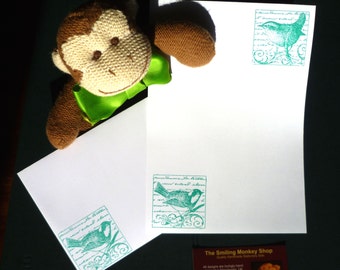 Set de papelería Green Songbirds: Papel de escribir estampado a mano