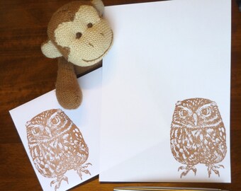 Hand Stamped Owl Stationery Set: Writing Paper & Envelopes
