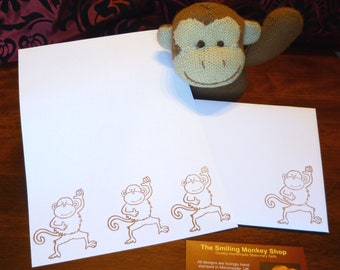 Smiling Monkey Stationery Set: Handstamped Writing Paper & Envelopes