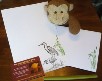 Hand Stamped Heron Stationery Set: River Wildlife Writing Paper