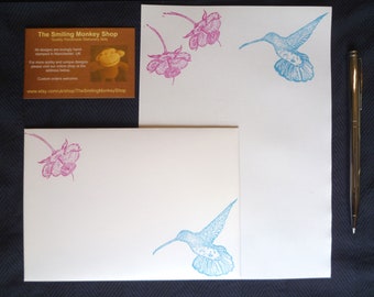 Hand-Stamped Hummingbird Stationery Set: Pink Flower Writing Paper