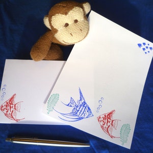 Hand Stamped Angel Fish Stationery Set: Tropical Writing Paper & Envelopes