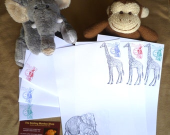 Safari Stationery Set: Hand Stamped Giraffe & Elephant Writing Paper