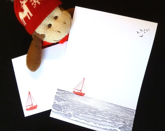 Hand Stamped Ocean Stationery Set: Boat Writing Paper & Envelopes