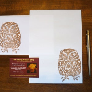 May include: A set of two brown owl stationery cards with a brown envelope and a business card that reads "The Smiling Monkey Shop".