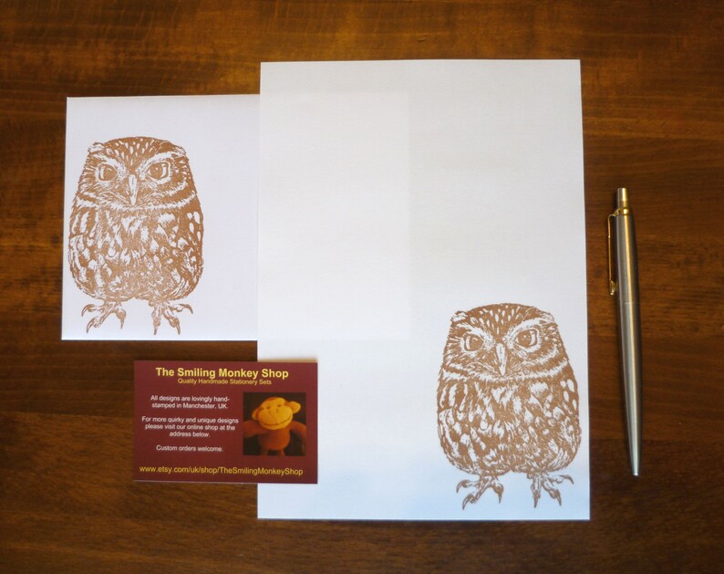 May include: A set of two brown owl stationery cards with a brown envelope and a business card that reads "The Smiling Monkey Shop".