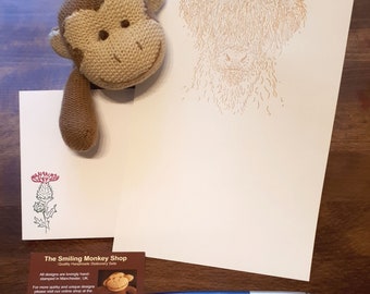 Hand Stamped Highland Cow Stationery Set: Scottish Thistle Envelopes