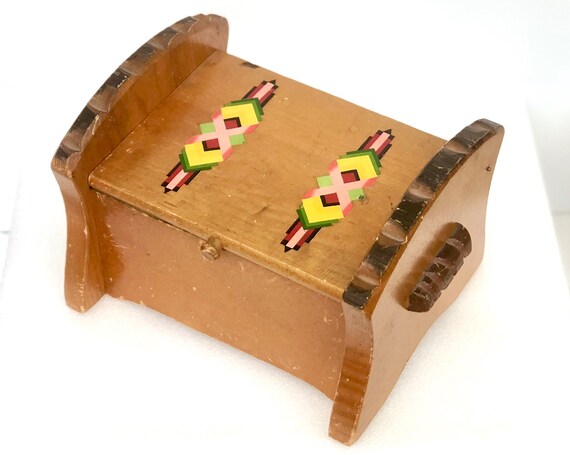 Vtg Wooden Box With Hinged Lid And Colorful Geometric Etsy