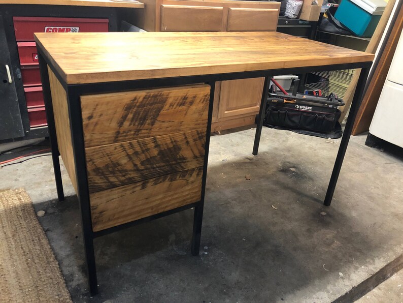 Pine Desk With Metal Base 1 Square Steel Solid Top 3 Drawers