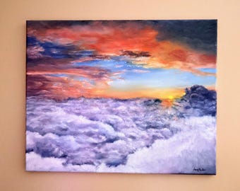 Sunset above the clouds oil painting on stretched canvas (16x20)