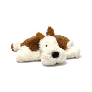 May include: A plush dog toy featuring a soft, shaggy texture with a white face, chest, and paws, contrasted by brown patches on the back and ears. The stuffed animal has a black nose and small black eyes, depicted in a lying down position.