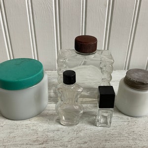 Five Vintage Perfume and Cream Bottles, Woodbury, Ponds, Vintage Face Cream and Perfume Jars