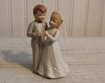 1985 Lefton China Wedding Cake Topper, Bride and Groom, Bisque, White Gown, Gray Tuxedo