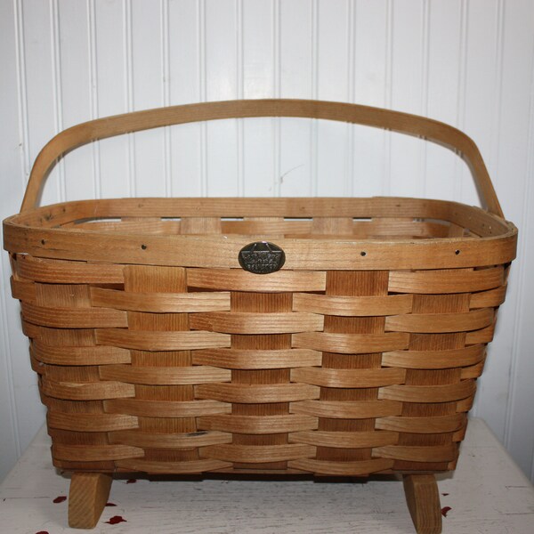 Peterboro Basket, Large Magazine Basket, Fireside Basket, Storage Basket, Footed Basket, Swing Handle, Knitting and Sewing or Toy Basket