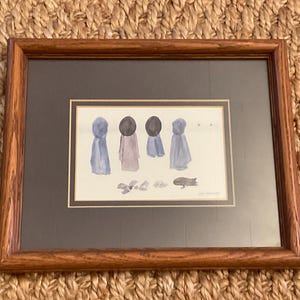 1987 Diane Graebner Amish Art Print, Hats and Coats all in a Row on a Peg Rack, Amish Art by Diane Graebner, 9 x 11 Framed and Matted