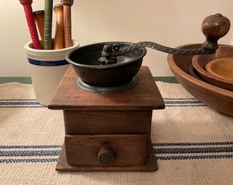 Vintage Wood Coffee Grinder with Metal Cup, Wood Knob on Grinder, Drawer with Wood Knob, Coffee Grinder