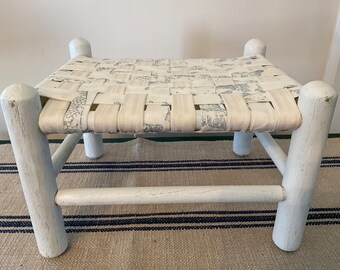 Vintage Repurposed Campstool, Wood Stool with Woven Fabric Top, Criss Cross Fish Motif Fabric, Blue and White, White Wood Stool