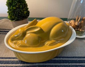 Mustard Yellow Enameled Cast Iron Rabbit Tureen, Chasseur Enameled Cast Iron Terrine in Mustard yellow