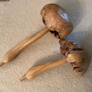 Rustic Style Carved Wood Button Mushrooms, Two Natural Looking Wood Mushroom Sculptures, Wood Mushrooms, Carved Wood Mushroom Pair