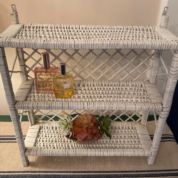 Vintage White Wicker Bathroom Wall Shelf, Three Shelves, Wicker Bathroom Storage Shelf