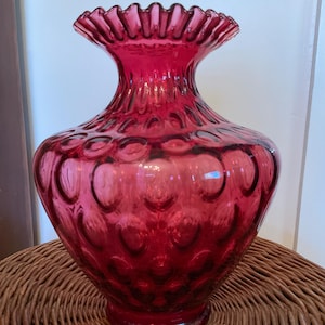 Vintage Cranberry Fenton Coin Dot or Thumprint Large Vase with Ruffled Edge, 11 inches tall, Fenton Cranberry Coin Dot Decorative Glass