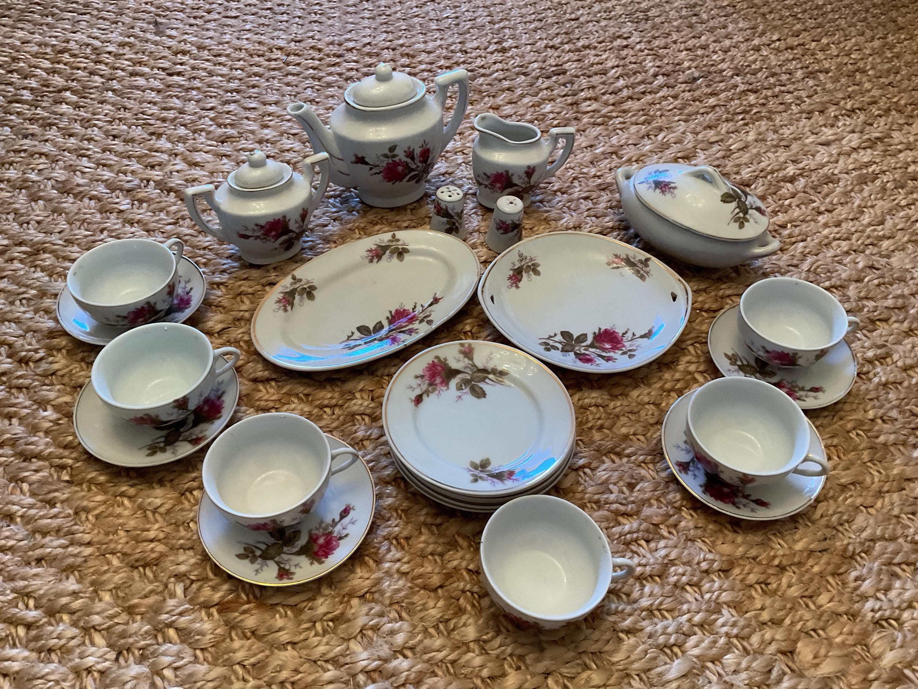 Mid Century 28 Piece Moss Rose Ceramic Childs Tea Set Made in