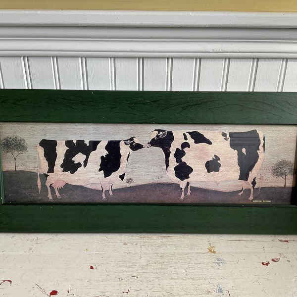 1994 Warren Kimble Framed Kissing Cows Art Print, Kissing Cows by Warren Kimble, Framed Print Under Glass