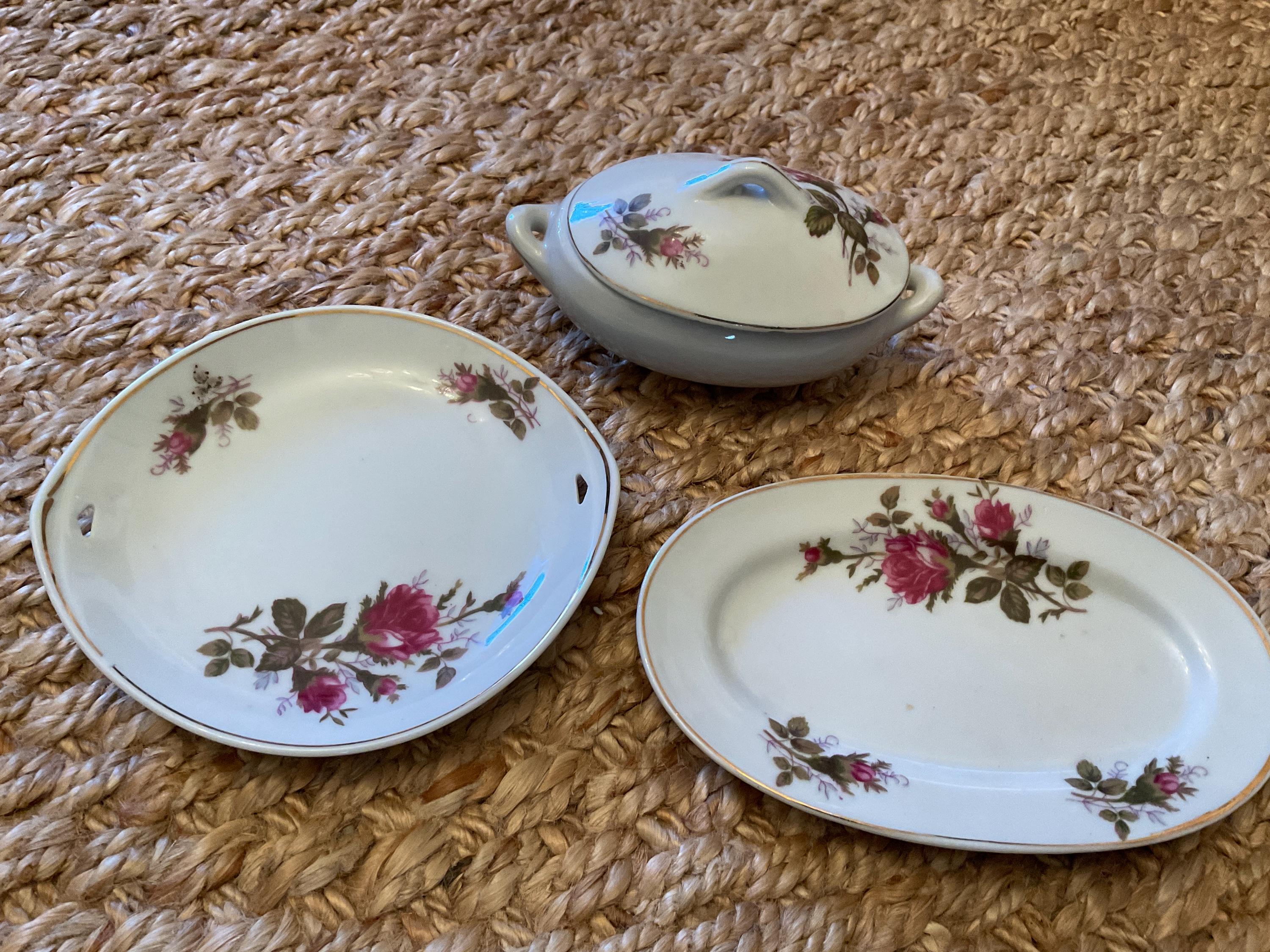 Mid Century 28 Piece Moss Rose Ceramic Childs Tea Set Made in