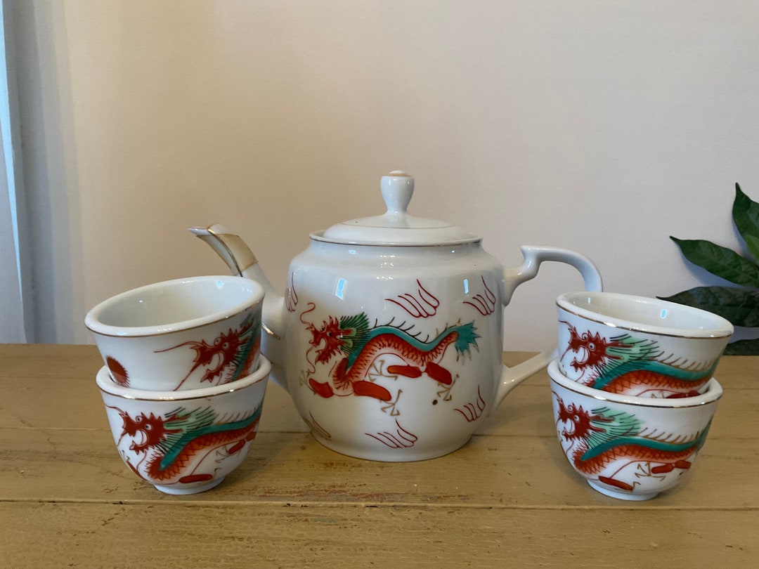 Vintage Japanese Tea Service Set, White Porcelain With Red and Green