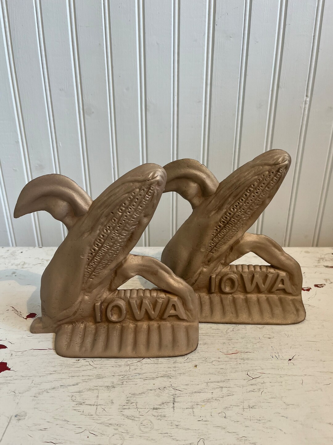 Vintage Bronze Bookends, Iowa Corn Bronze Bookends, Bronze Bookends in