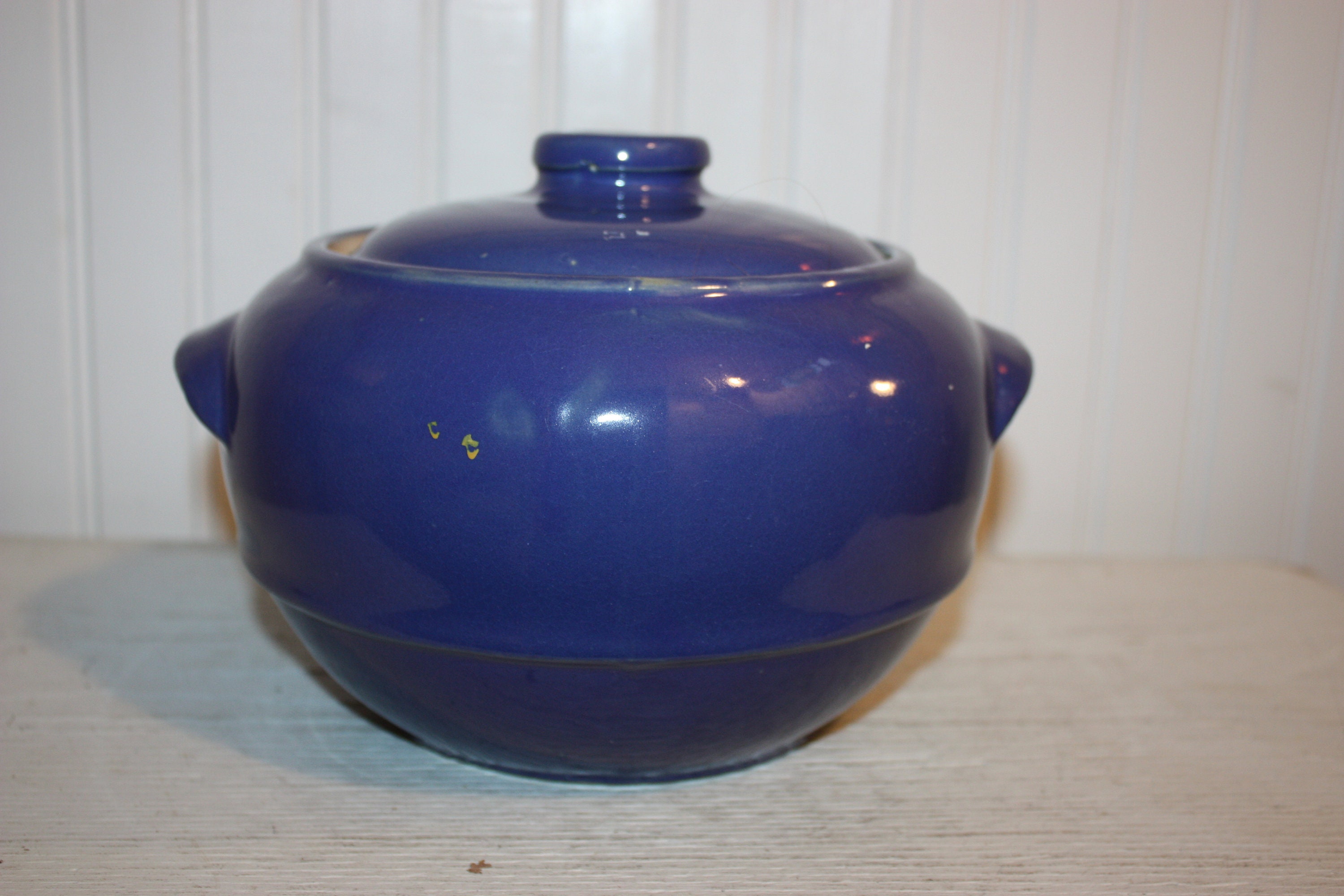 vintage usa blue pottery bean pot with lid, stoneware crock, kitchen pottery