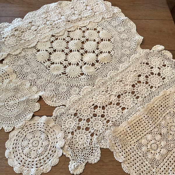 Seven Piece Ecru Crocheted Runners and Doilies, Round, Rectangle Crocheted Table Toppers in Various Sizes