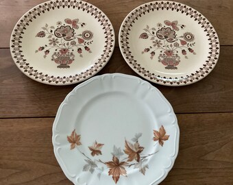 Three MisMatch China Dinner Plates, Vintage China Plates in Brown Tones, Replacement China, Mix and Match China