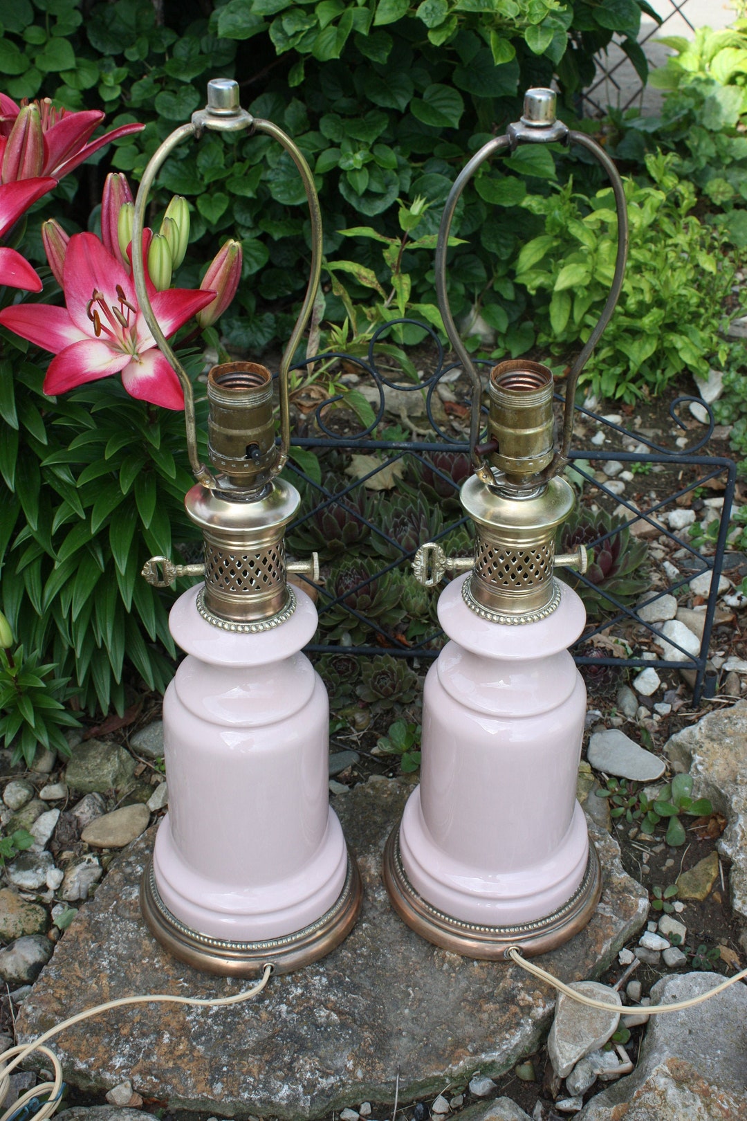 Pink Accent Lamp Pair Pink and Brass Accent Lamps Mid Etsy