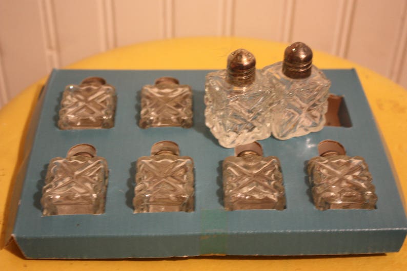 Silverplate Holiday Tableware Leonard Silver Salt Shakers Eight Individual Salt Shakers Mid Century Salt and Pepper Pressed Glass