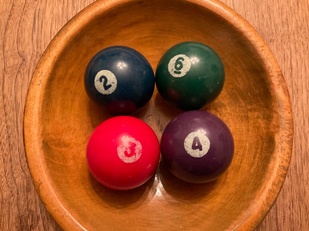 Four Aramath (?) Billiard Balls, Number 6, 4, 3, 2, Green 6, Purple 4 ...