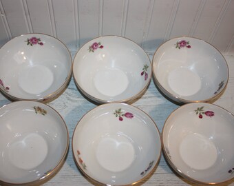 Six Vintage Bavarian Dessert Bowls, Floral Motif, Gold Edge Detail. J L Menau