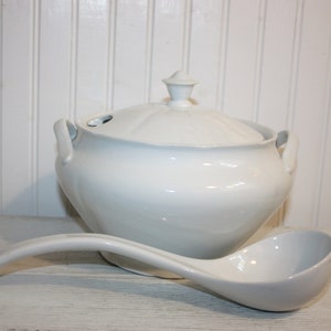 White Tureen with Ladle, Three Piece Tureen Set, Ironstone or Porcelain White Tureen with Matching Ladle