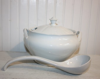 White Tureen with Ladle, Three Piece Tureen Set, Ironstone or Porcelain White Tureen with Matching Ladle
