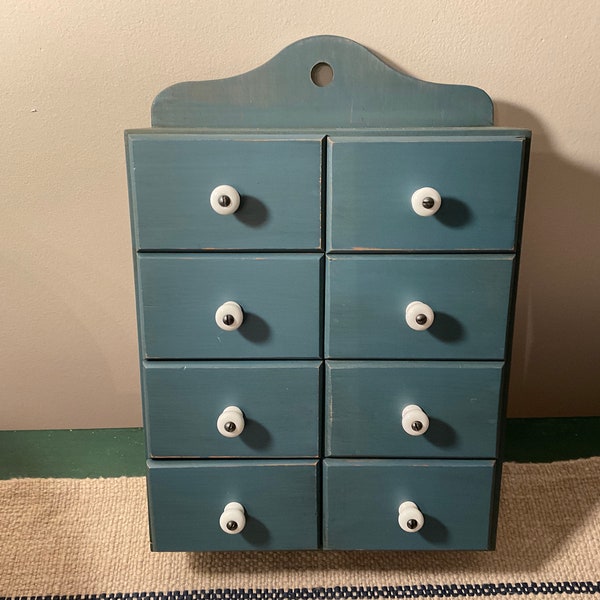 Blue Painted Pine Wood Wall Box with Eight Drawers, Reproduction Box with 8 Mini Drawers, White Ceramic Knobs