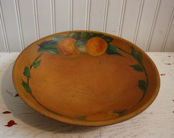 Vintage Handpainted Wood Bowl, Orange and Leaf Decor
