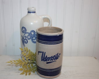 Stoneware Utensil Crock, Gray and Blue, Utensil Holder